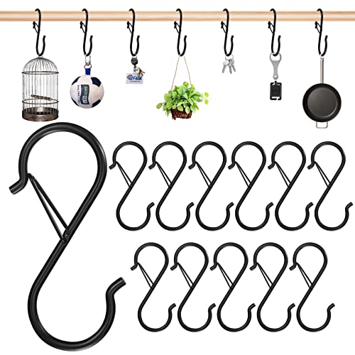 12 Piezas Ganchos en S con Diseño Seguridad de Hebilla, Ganchos de Metal en Forma de S, Clips de Ganchos para Colgar en Cocina, Ganchos para Colgar Resistentes, Negro