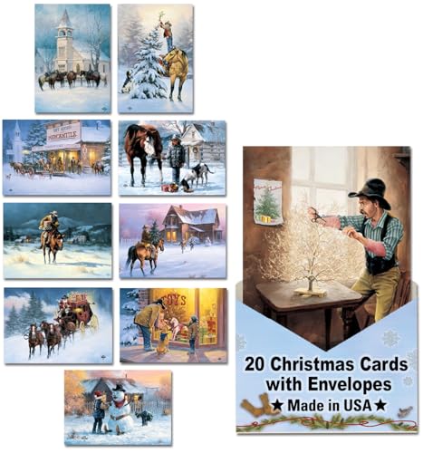 Leanin' Tree - Made In USA - Pack of 20 Cowboy Boxed Christmas Cards with Envelopes Merry Christmas Cards 2025 Bulk, Perfect for Sending Xmas Holiday Greetings