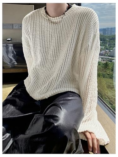 SHENHE Men's Hollow Out Sweater Crew Neck Y2k Oversized Loose Knit Sweater Jumper Streetwear4