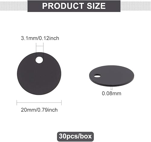 Miniatura 2 de BENECREAT 30 etiquetas redondas planas negras en blanco de 0.8 pulgadas de aluminio con agujero para grabado láser, etiquetas de identificación de