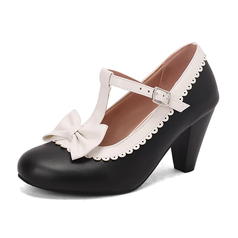 Image of Elbslutt Women's Cute Retro Rockabilly Shoes T Strap Mary Janes Heels Chunky Cosplay Shoes Sweet Block Heeled Bow Pumps