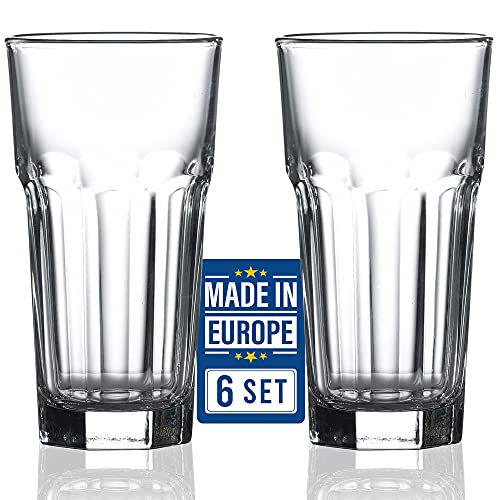 Drinking Glasses Set of 6, Premium Lead-Free Clear Iced Tea Glasses, 12 ¼ oz Heavy Base Highball Glass Tumbler Set for Drinking Water, Cocktail, Juice, Milkshake, Coke, Soda