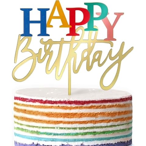Apluselection Acrylic Happy Birthday Cake Topper, 7.5" x 6" Birthday Cake Decoration Shiny & Colorful (Gold) Cover