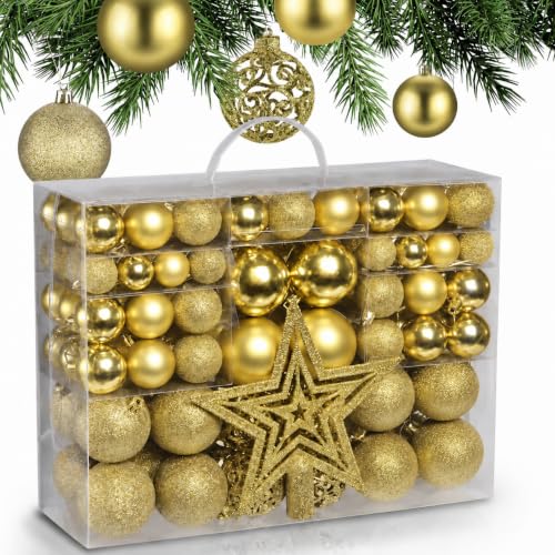LN COZY CORNER Christmas Baubles Set Shatterproof Tree Decorations with Star Topper (Gold)