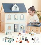 PairPear Large Wooden Dollhouse, 3 Story Play House with 64 Pieces Furniture Accessories & Garage, Pretend Play Family Dollhouse Gift for Kids 3+