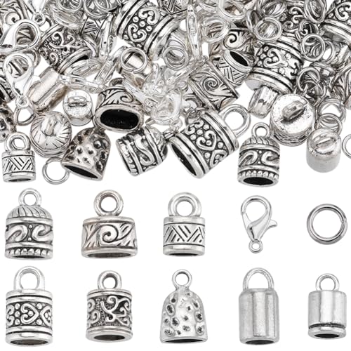 SUNNYCLUE 1 Box 230Pcs Cord End Caps Tibetan Antique Silver Leather Kumihimo Bracelets Supplies Glue in Crimp Tube Barrel End Tip Lobster Clasps Jump Rings Cord Terminator for Jewelry Making Kit