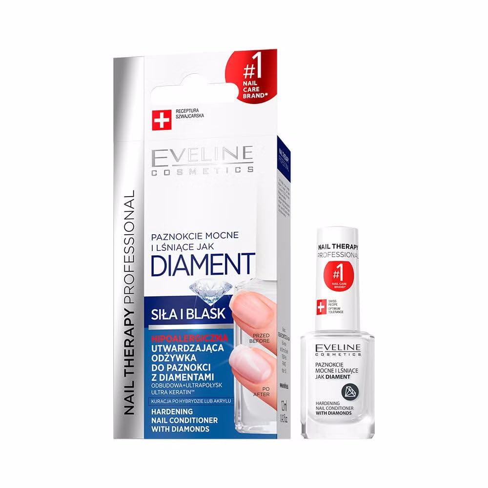 Eveline Cosmetics Professional Diamond Nail Hardener Conditioner with Diamonds, Nail Care Nourishing, Nail Care and Treatment, Fingernails Strengths, Titanium Formula, 12 ml