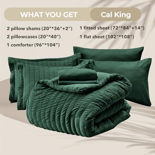Image of HYMOKEGE Emerald Green California King Comforter Set Seersucker 7 Pieces, All Season Luxury Bed in a Bag for Bedroom, Bedding Set with Comforter, Sheets, Pillowcases & Shams