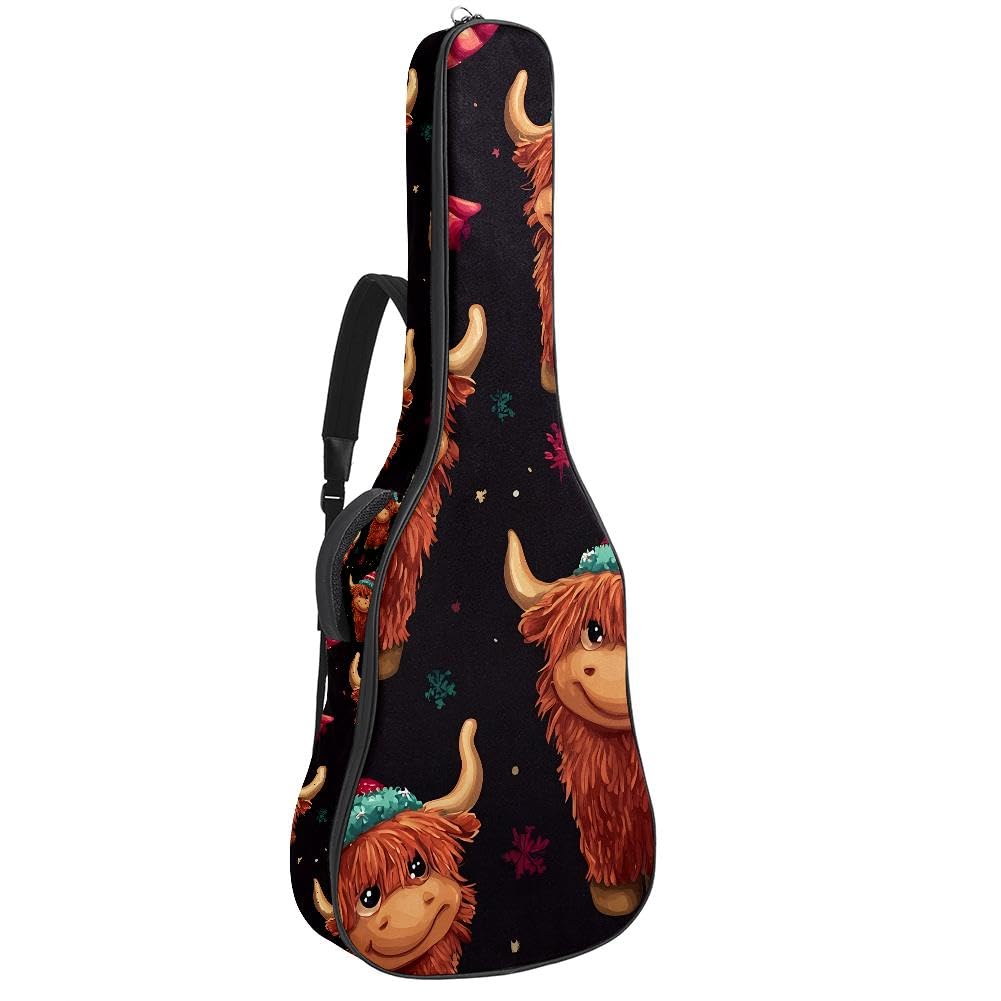 Gitarrentasche, volle Größe, 99 cm, 101,6 cm, 104,1 cm, für Akustikgitarre, Konzertgitarre, 10 mm dick, gepolstert, Weihnachts-Hochlandrind-Gitarrenkoffer, wasserdicht, mit Tasche