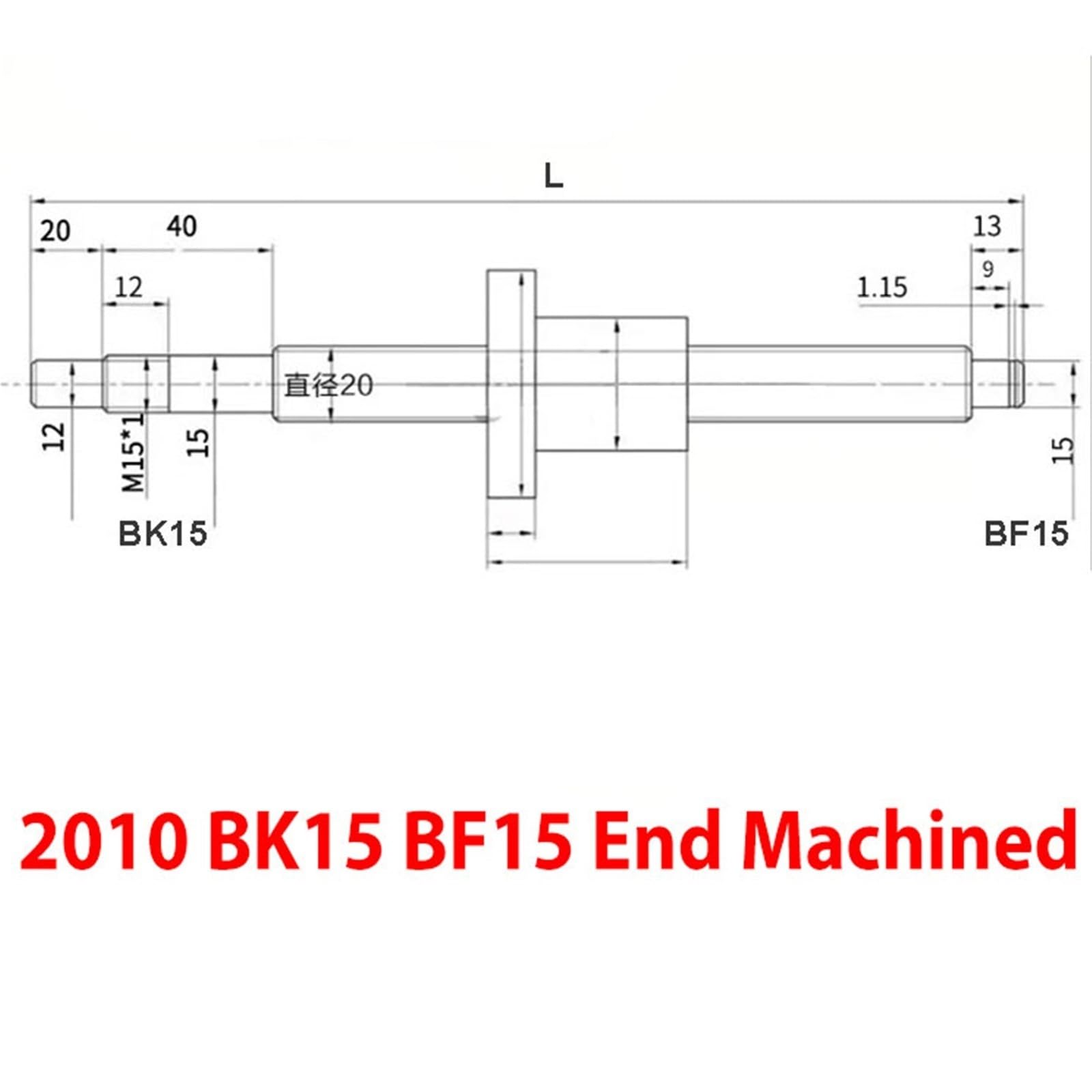 Zestaw śrub kulowych, SFU2010 BK15 BF15 Śruba kulowa 20x10mm prawa C7 Walcowana z nakrętką kołnierzową, wiele rozmiarów(1000mm)