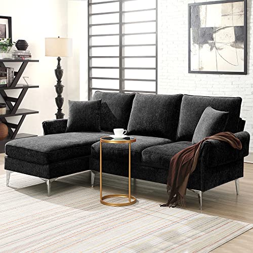 Polibi 84" L-Shaped Convertible Sectional Sofa, Modern Chenille 3-Seat Sofa Couch With Reversible Chaise Lounge, 2 Pillows And Metal Legs For Living Room, Black #TOP8