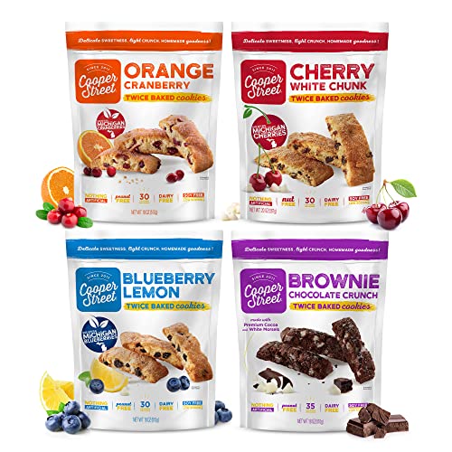 Cooper Street - Twice-Baked Crispy Cookies Variety Pack, Italian Biscotti/Chocolate Chip Cookies Alternative: Brownie Chocolate Crunch, Orange Cranberry, Blueberry Lemon & Cherry White Chunk - Value Pack - 18 Oz Each #TOP9