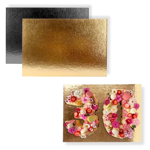 Bases para Tartas Rectangular 40x30 cm | Pack de 10 Oro - Negro | Grosor 1 mm | Expositor en Cartón para Bizcochos, Pasteles y Dulces | Negro y Dorado