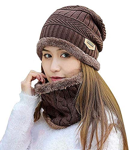Atipriya 2 Pcs - Cap and Scarf - Imported Soft Warm Snow and Air Proof Fleece Knitted Cap (Inside Fur) Woolen Beanie Winter Cap with Scarf for Women Girl Ladies, pack of 1(Brown)-image-1