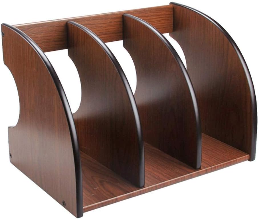 本棚 木製 3つのコンパートメント デスクトップ本棚 縦型 ファイルホルダー オフィスオーガナイザー (ブラウン)