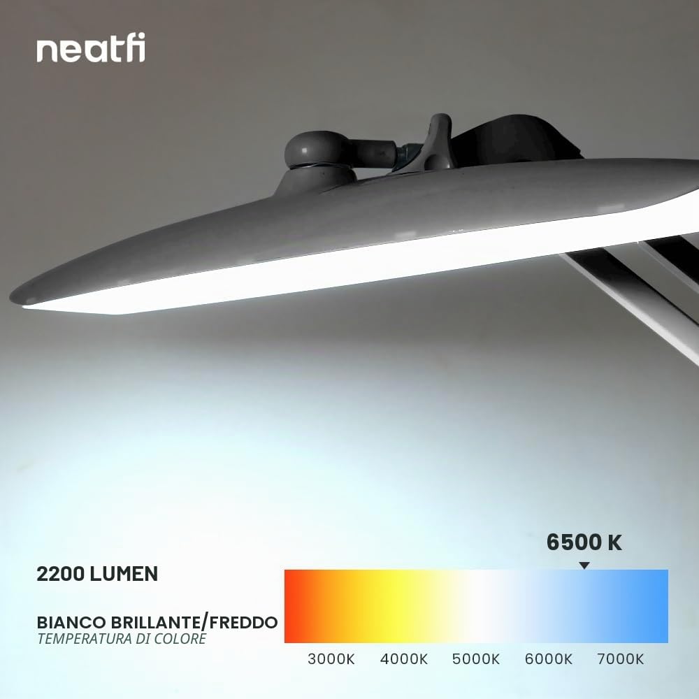 Neatfi XL Lampada da Scrivania LED 2200 Lumen 24W con Morsetto – Illuminazione Senza Ombre | 4 Livelli di Intensità | Ufficio Domestico e Hobby | Testa Larga 50 cm (Argento, Non-CCT con morsetto)