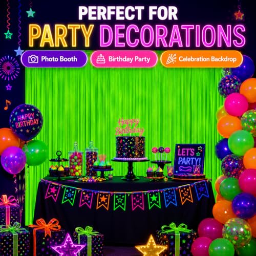Image of 4 Pack Glow in The Dark Curtains Party Supplies 6.6 x 3.3 Ft Glow Tinsel Foil Fringe Curtains Photo Booth Prop Backdrop Streamer for Birthday Holiday Neon Party Decorations