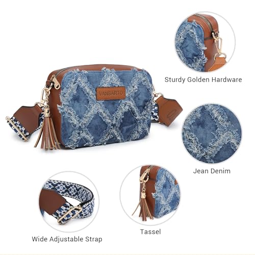 Women Tassel Quilted Crossbody Bag Distressed Denim Purse Small Shoulder Handbags Fashion Travel Bag with Wide Strap3