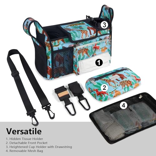 Image of TOPDesign Universal Baby Stroller Organizer, Stroller Caddy with Detachable Mesh Bag & Heightened Insulated Cup Holders & Non-Slip Secure Hooks Accessories, Fits Most Strollers (Tropical Rainforest)