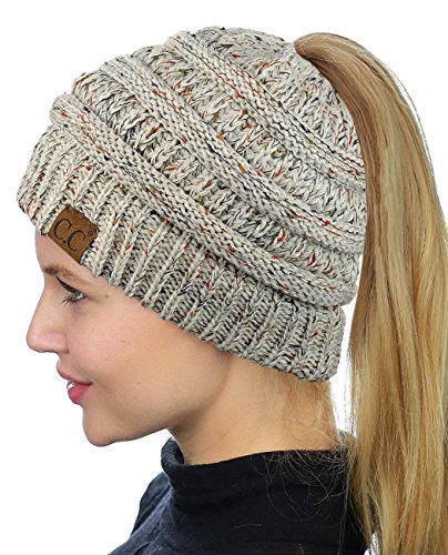 C.C BeanieTail Soft Stretch Cable Knit Messy High Bun Ponytail Beanie Hat, Confetti Oatmeal Mix