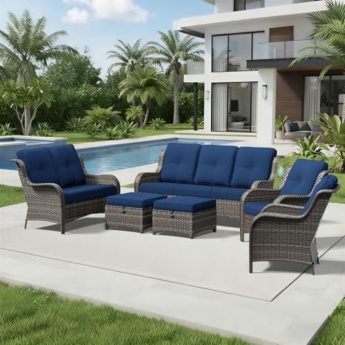 Image of Joyside 6 Piece Wicker Patio Furniture Set, Rattan Patio Chairs with High Back, Deep Seating, Wide Armrest, Thickened Cushions, Outdoor Furniture for Deck, Porch Use