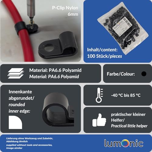 Lumonic 100x P-Clips for 6mm Cable, Black Nylon Cable Clamps - Image 3
