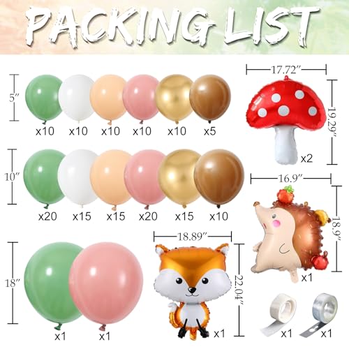 Image of 158Pcs Sage Green Pink Gold Woodland Balloon Garland Arch Kit,with Mushroom,Fox,Hedgehog Foil Balloons for Forest Fairy Wild Animal Theme Baby Shower Birthday Spring Garden Tea Party Decorations
