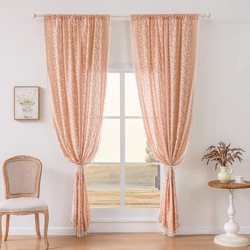Image of Boho Curtains 84 Inch Long for Living Room, Bedroom, 2 Panels Floral Farmhouse Vintage Tassel Semi Sheer Light Filtering Privacy Window Curtain Drapes with Rod Pocket,Pink