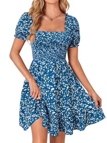 Rooscier Women's Summer Boho Floral Print Square Neck Smocked Ruffle Swing Beach Mini Dress