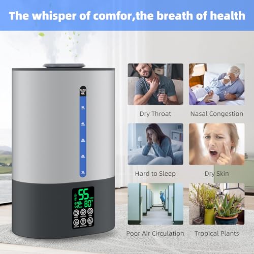 Image of 6L Humidifiers for Bedroom Large Room Home, Cool and Warm Humidifiers for Baby and Plants Mist Top Fill Desk Humidifiers Essential Oil Diffuser, Quiet with Adjustable Mist,360Nozzle-Grey