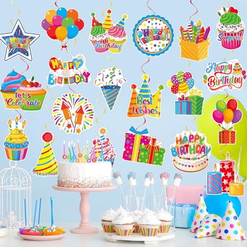 Image of 40Pcs Birthday Hanging Swirl Decorations, Colorful Cupcake Balloons Hat Sign Swirl Decor Happy Birthday Hanging Ornaments for Boy Girl Kid Party Supplies