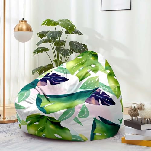 Fansu Puff, Puff Funda Hojas Tropicales en 3D Saco de Judías sin Relleno para Adultos y Niños, Salon Bean Bag Adecuado para Almacenar Ropa, Edredones, Peluches (Verde 9,100x120cm)