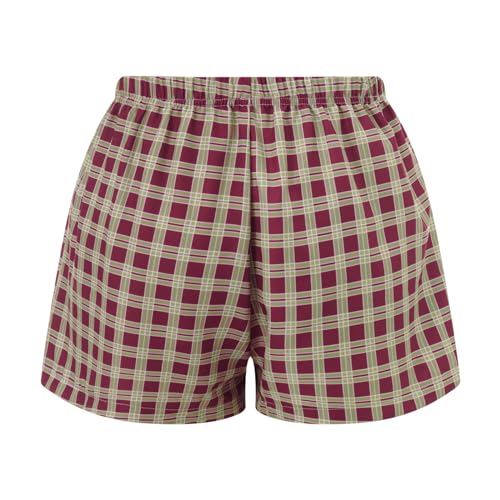 Image of Yuemengxuan Y2k Plaid Shorts Baggy Boxer Shorts for Women Elastic Waist Casual Lounge Bottom Gingham Pajama Shorts Sleepwear