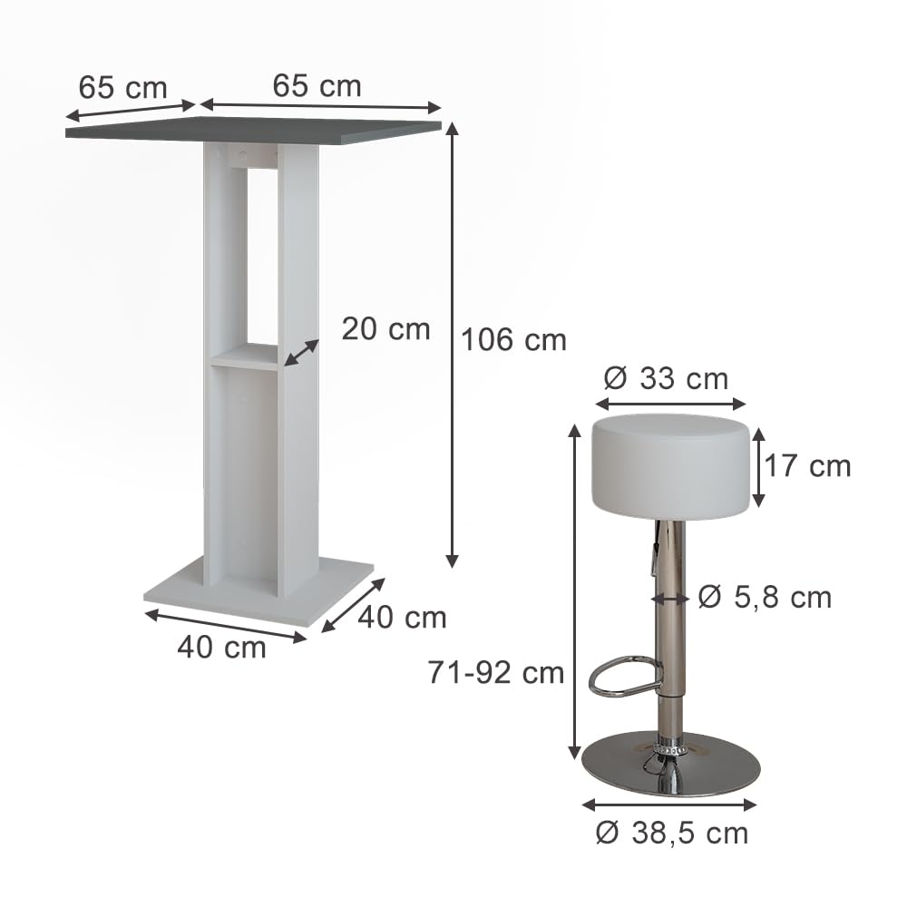 Vicco Bartisch-Set Repose, Weiß/Anthrazit, 65 x 65 cm mit 2 Barhockern, mit seitlichem Regal zur Aufbewahrung von Flaschen und Gläsern