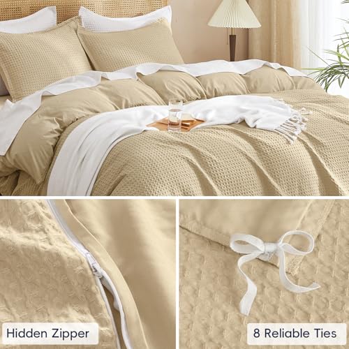 Image of PHF Waffle Weave Duvet Cover Set Queen Size, No Snagging Ultra Soft Luxury Textured Breathable Comforter Cover for All Season 3pcs, Durable Bedding Duvet Set with 2 Pillow Shams, 90 inchx90 inch, Khaki
