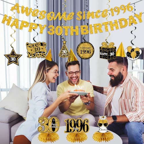 Image of Kuxriox 11Pcs 30th Birthday Decorations Kit for Men Women, Black Gold Happy 30th Birthday Banner, Awesome Since 1996 Centerpieces Swirls Party Supplies, Thirty Bday Banner Ceiling Table Topper Sign