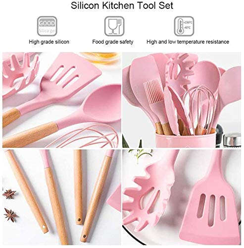 VBOK IGFE 12 Pcs Küchenutensilien Set Silikon,Antihaft Hitzebeständiger Kochgeschirr Küchenhelfer Set mit Holzgriff,Rosa