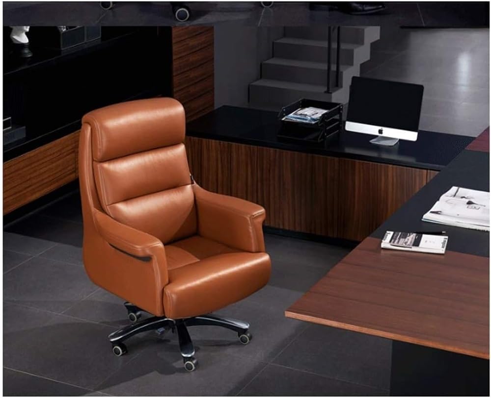 Silla de oficina moderna con asiento acolchado, silla ejecutiva de cuero con altura ajustable y base giratoria, estructura de aluminio, silla de escritorio para computadora, p（Light Brown-One Size）