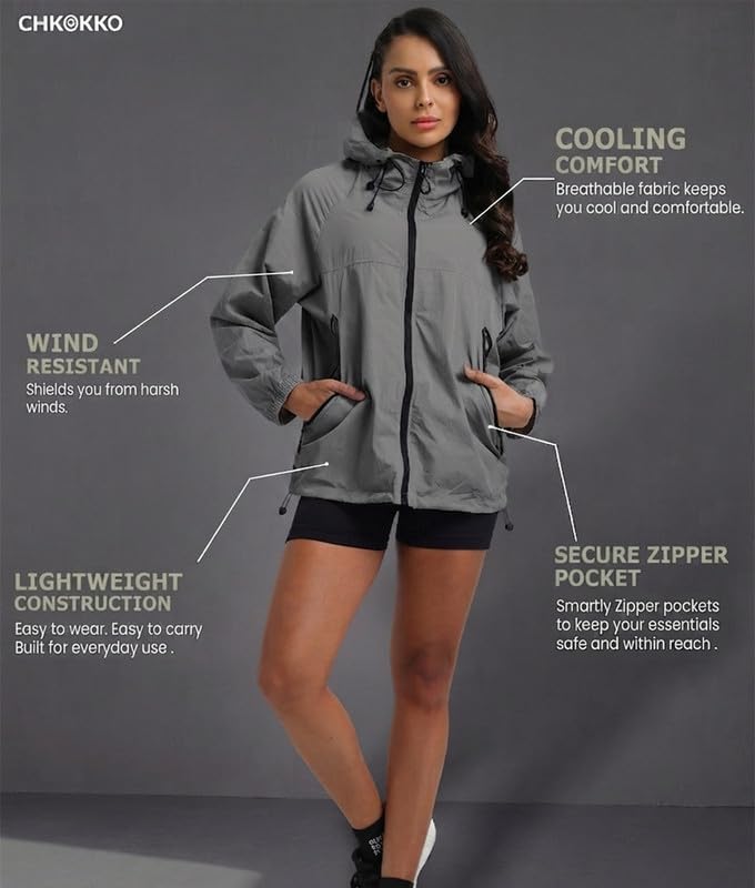 Image of CHKOKKO Windcheater For Women With Hood | With Advanced Upf 50+ UV Windproof Windbreaker Sunscreen | Lightweight Water-repellent Sports Outdoor Travel & Everyday Wear Windshield