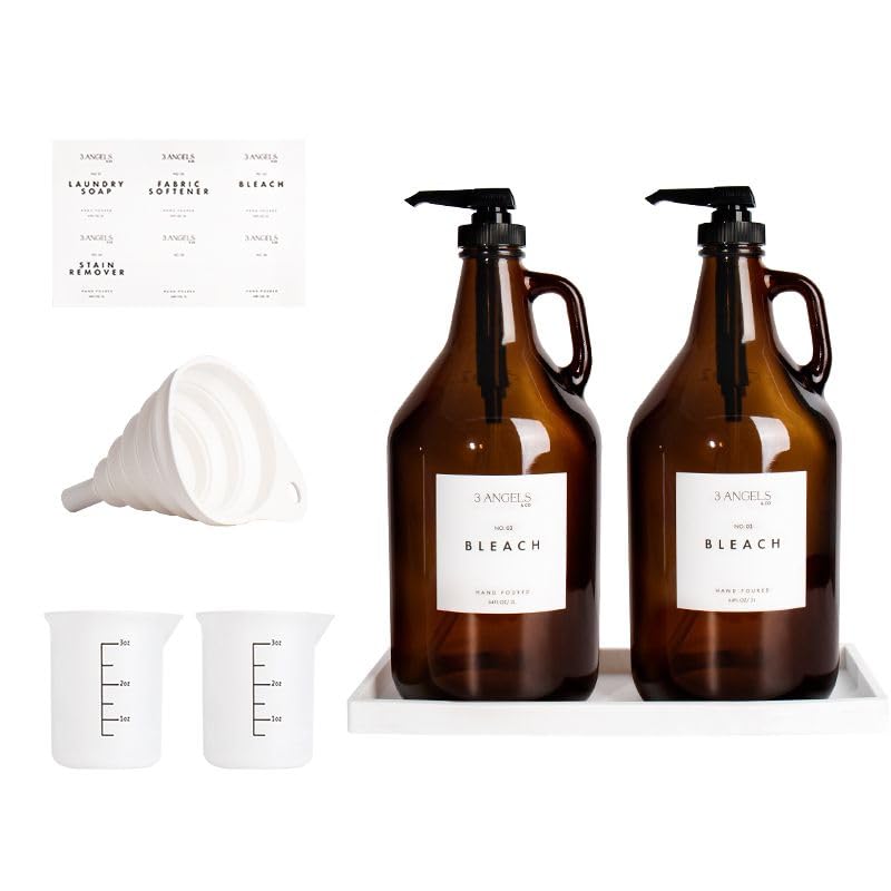 Liquid Laundry Detergent Dispenser Glass (Pack of 2- 64 Oz) w/ Silicone Tray, Labels, Measuring Cups, & Funnel- Durable Amber Liquid Laundry Dispenser Set- Liquid Detergent Dispenser for Laundry Room