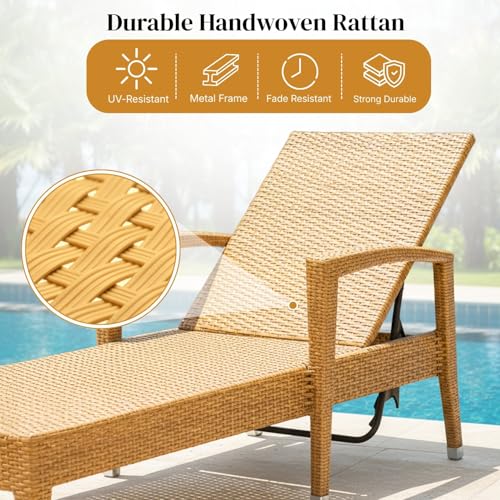 Image of DEVOKO Outdoor Patio Chaise Lounge Chair with Water Resistant Cushions and Matching Table with Glass Top for Garden, Pool, Beach, Yard, Deck (Beige & White)