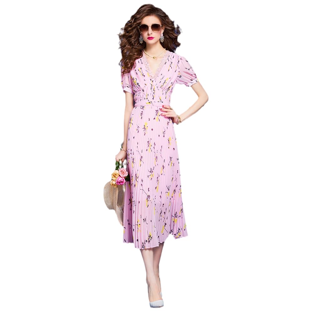cotzfoz Floral Print Pleated Summer Dresses for Women V Neck Elegant Pink Dresses Chiffon Holiday Party Robe