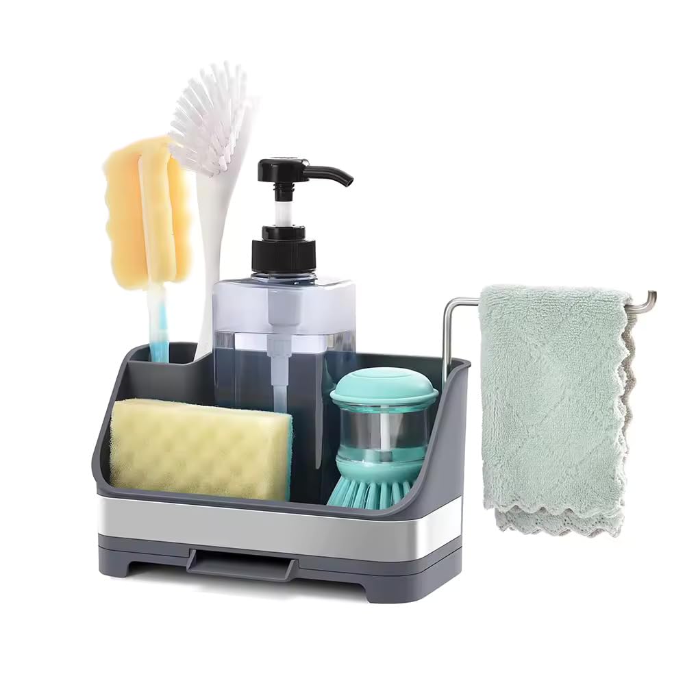 Sponge Holder for Kitchen Sink Kitchen Sink Caddy with Soap Dispenser and High Brush Holder Kitchen Sink Organizer