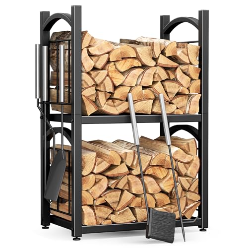 HFHOME Estantería interior para leña exterior 2 en 1, soporte para leña de chimenea, 78 x 46 x 32 cm, con accesorios para estufa, pala, escoba, pinza, atizador