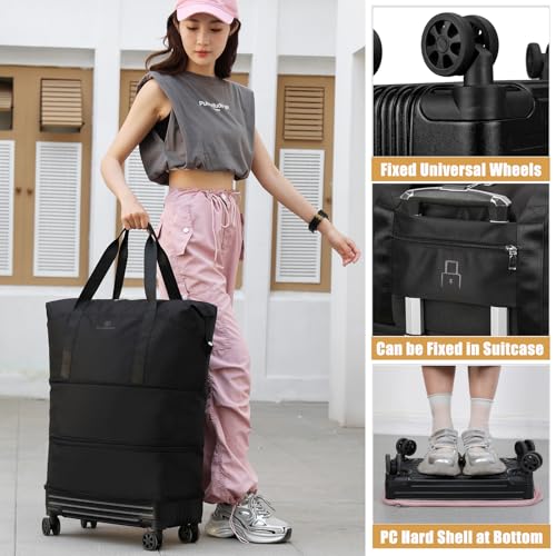 Duffle Bag with Wheels,Foldable Duffle Bag for Travel,Large Suitcases with Wheels,Foldable Travel Bags,Expandable Luggage,Carry on Luggage for Women Men (Pink)2