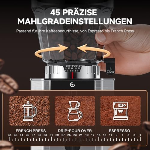 Bild 1 - AMZCHEF Elektrische Kaffeemühle mit 45 Mahlgraden, Espresso-Mühle mit höhenverstellbarem Siebträgerstand, LED-Touchpanel, Anti-Statik-Design und Speicherfunktion–Edelstahl-Kaffeemühle für Siebträger