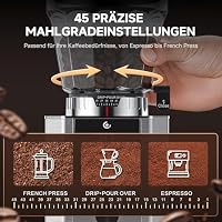 AMZCHEF Elektrische Kaffeemühle mit 45 Mahlgraden, Espresso-Mühle mit höhenverstellbarem Siebträgerstand, LED-Touchpanel, Anti-Statik-Design und Speicherfunktion–Edelstahl-Kaffeemühle für Siebträger – Ansicht 2