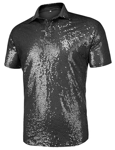 URRU Men's Relaxed Short Sleeve Turndown Sparkle Sequins Polo Shirts 70s Disco Nightclub Party Shirt Top