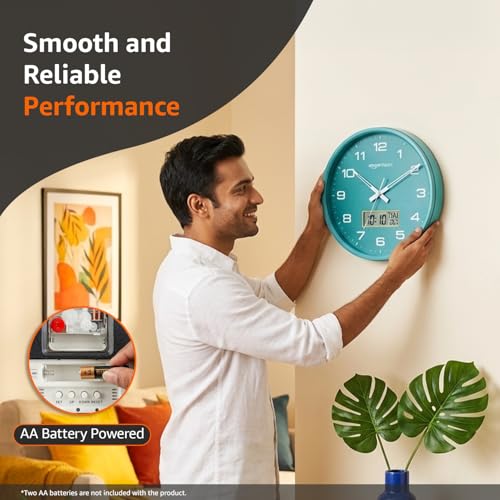 Image of Amazon Basics 12.5 Inch Analog Digital Wall Clock with LCD Display | Calendar Day Date Temperature | Silent Non-Ticking Sweep Movement | Large Dial Visibility | Dual Battery Powered (Sea Green)