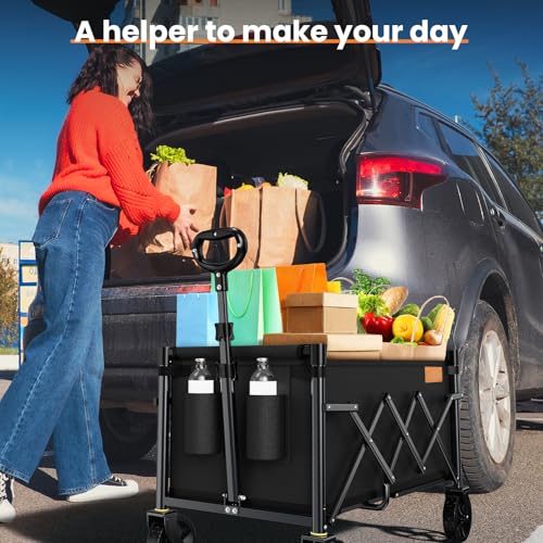 Uyittour Collapsible Wagon Cart Foldable with 220lbs Weight Capacity, Lightweight Portable Folding Utility Grocery Shopping Cart with Wheels for Camping Sports Beach and Shopping - Thumbnail 7